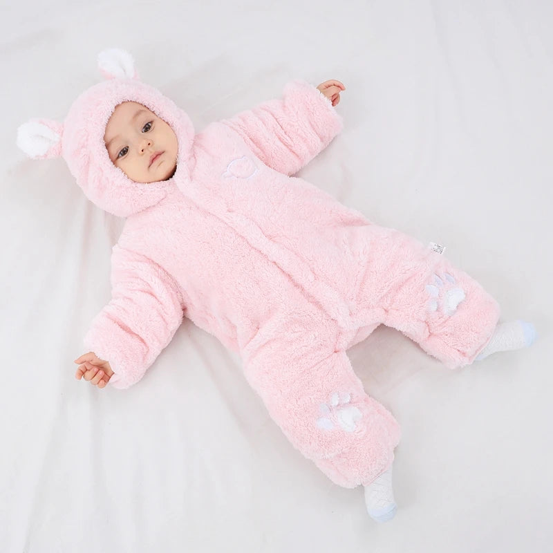 Romper de algodão grosso do recém-nascido com orelhas, bodysuit com capuz, roupas de bebê, macacão infantil, desenhos animados, inverno, 0-24 meses