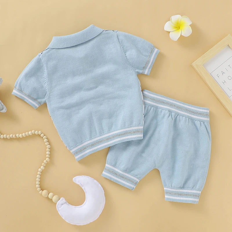 Conjunto de roupas para bebês recém-nascidos, malha de algodão, pulôver infantil para meninas, gola virada para baixo + shorts, verão, meninos, suéter + calças, 0-18 meses