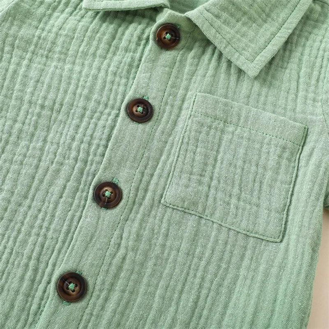 Roupas casuais de linho algodão para crianças, manga curta, botão de bolso, shorts e camisa de lapela, roupas de verão para meninos, 2 peças