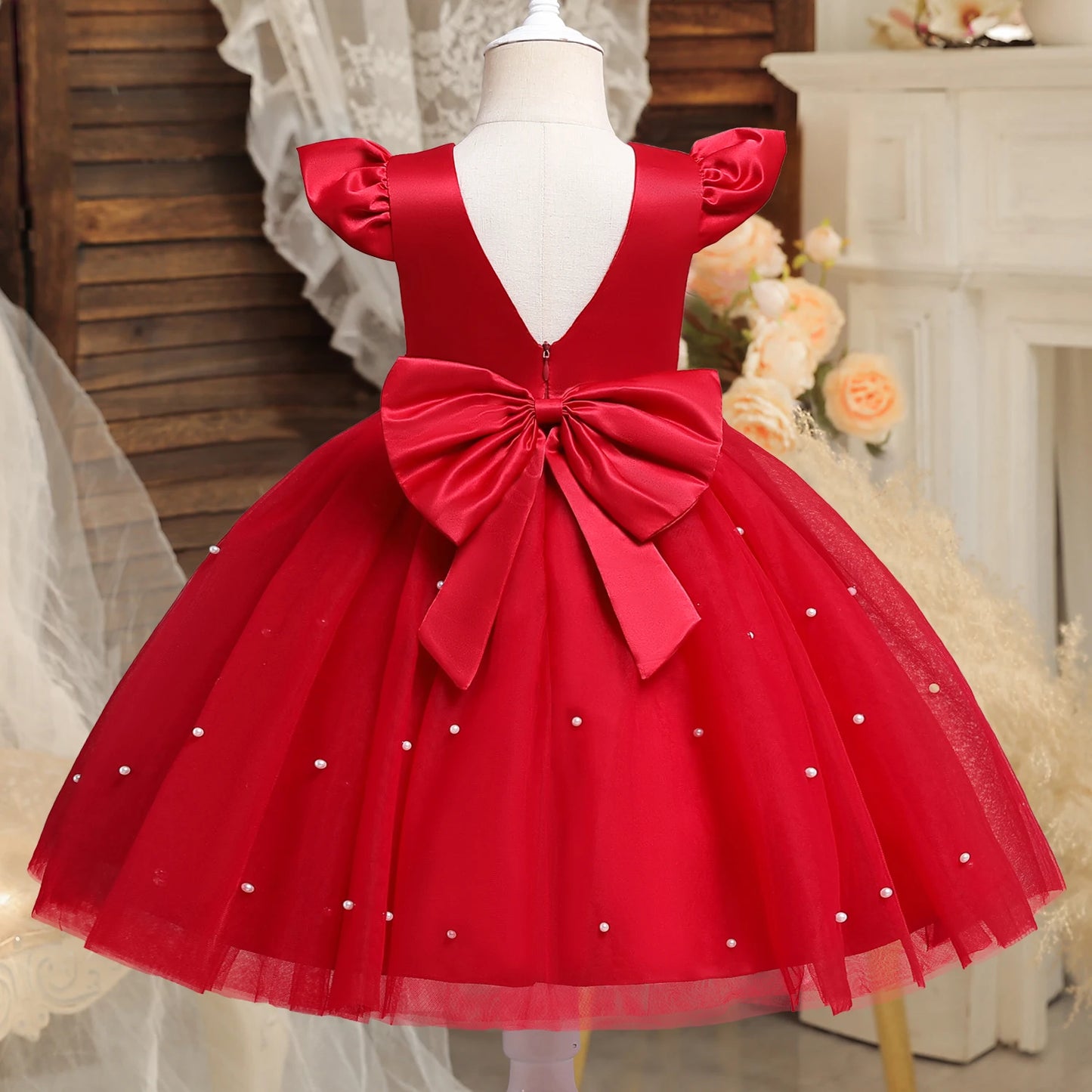 Criança Vermelha Natal Princesa Vestido, bonito Baby Girl 1 ° Aniversário Tutu Vestido, Recém-nascido Backless Bow Beading Xmas Traje