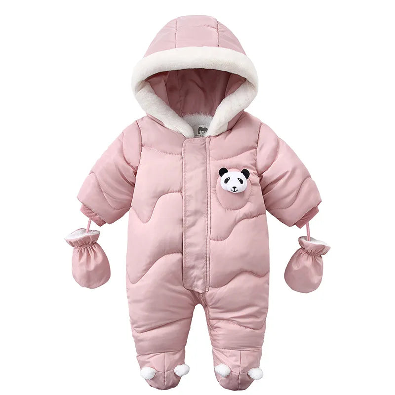 Macacão de bebê recém-nascido com capuz com luvas, macacão algodão mais veludo, roupas panda quentes, roupas infantis, menina e menino, 0-18m, inverno