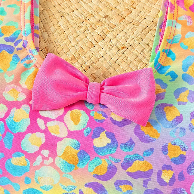 Maiô colorido e brilhante para meninas, maiô de peça única para meninas adolescentes, banho plissado com arco, roupa de praia verão, roupa de banho