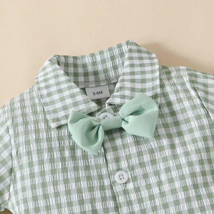 Baby Boys Casual Xadrez Manga Curta Onesie e Suspender Shorts Set, Bowtie Roupas, 2Pcs