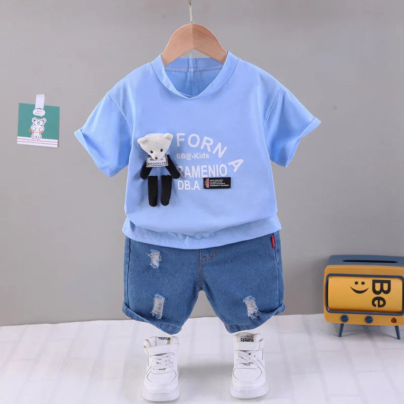 2023 bebê menino roupas de verão para crianças dos desenhos animados o-pescoço pulôver manga curta camisetas topos e shorts jeans estilo coreano conjunto