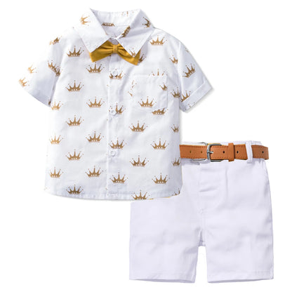 Camisa estampada coroa com laço e cinto de couro para meninos, roupa formal infantil, conjunto de roupas de festa de aniversário, verão, 1, 2, 3, 4, 5, 6 anos