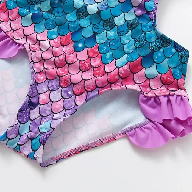 Novo maiô infantil integrado, design de escala de peixe gradiente para meninas de 3 a 12 anos, maiô de uma peça, roupa de banho infantil