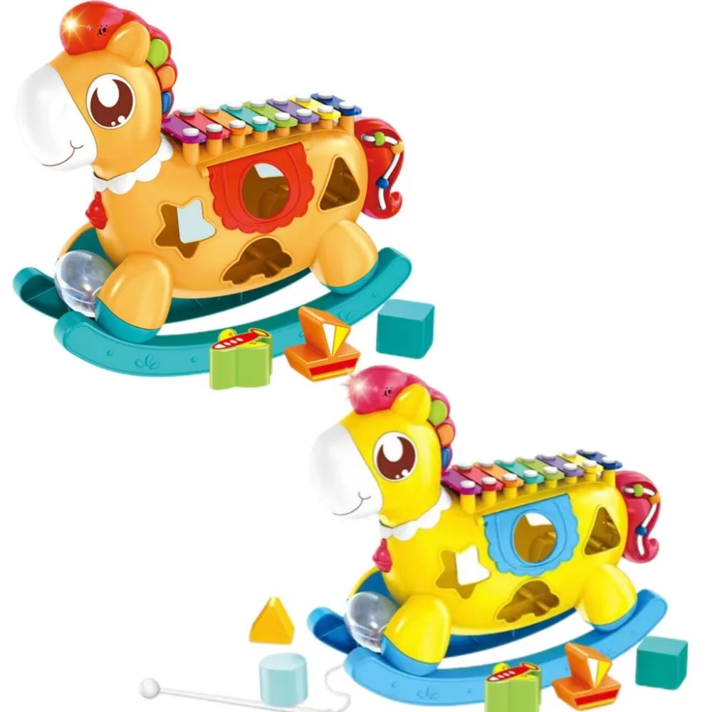 Baby Educational Pony Toy, forma de xilofone, classificador com luzes, música animal Piano, brinquedos interativos para crianças e crianças, 5 em 1