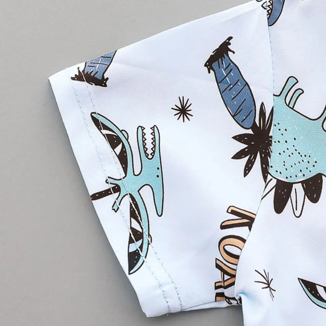 Bebê e criança completa impressão Top manga curta e Shorts conjunto, padrão de dinossauro manchado, camisa de gola alta, verão, 2pcs