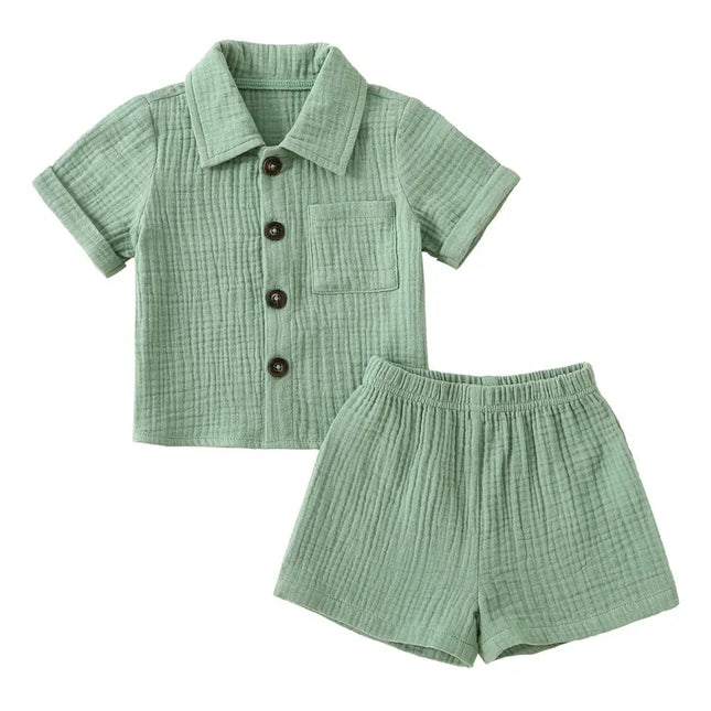 Roupas casuais de linho algodão para crianças, manga curta, botão de bolso, shorts e camisa de lapela, roupas de verão para meninos, 2 peças