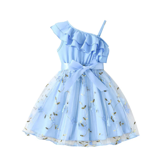 Vestido bordado com babados para crianças, Vestidos de princesa floral sem mangas, Vestido de aniversário para bebês, 2 a 7 anos