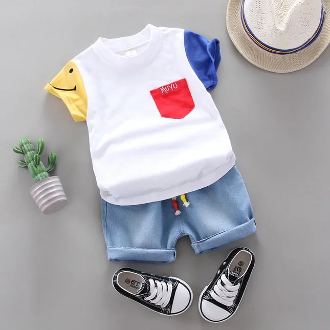 Conjuntos de t-shirt e shorts jeans de algodão infantil, roupas de bebê bonito, versão coreana, verão