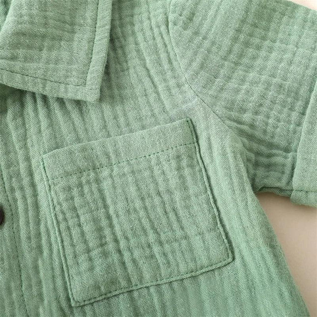 Roupas casuais de linho algodão para crianças, manga curta, botão de bolso, shorts e camisa de lapela, roupas de verão para meninos, 2 peças