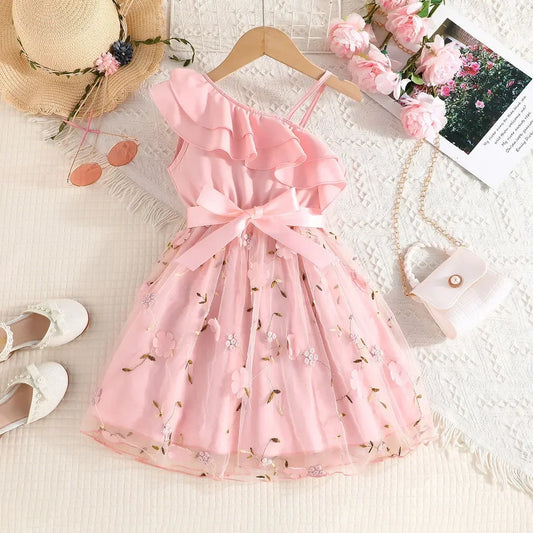 Vestido bordado com babados para crianças, Vestidos de princesa floral sem mangas, Vestido de aniversário para bebês, 2 a 7 anos