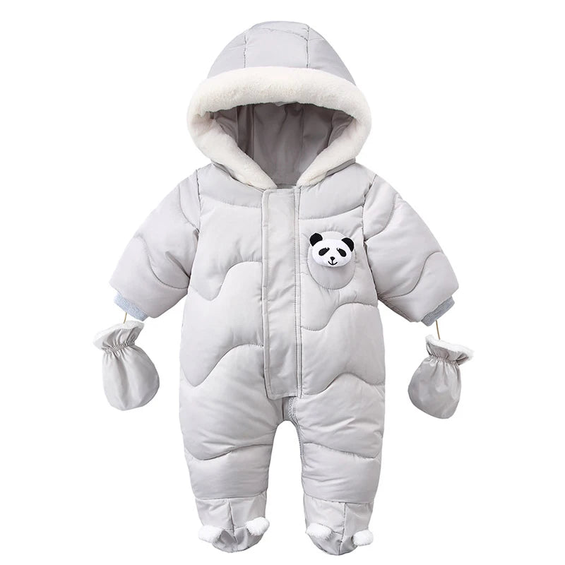 Macacão de bebê recém-nascido com capuz com luvas, macacão algodão mais veludo, roupas panda quentes, roupas infantis, menina e menino, 0-18m, inverno