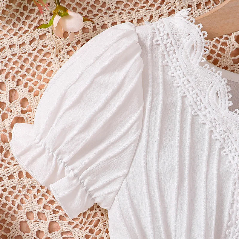 2024 nova moda verão branco saia de manga curta & cinto tecido para 4-12 anos meninas vestido elegante festa de férias roupas casuais diárias