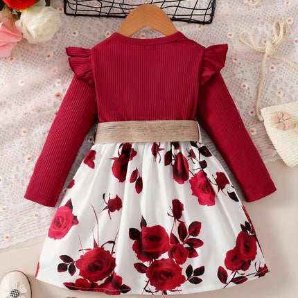 Saia de flor vermelha manga comprida feminina, vestido de ano novo, aniversário, roupa de festa de casamento, outono, 1-7 anos