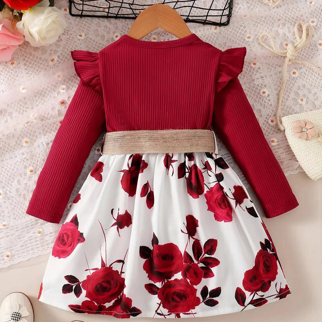 Saia de flor vermelha manga comprida feminina, vestido de ano novo, aniversário, roupa de festa de casamento, outono, 1-7 anos