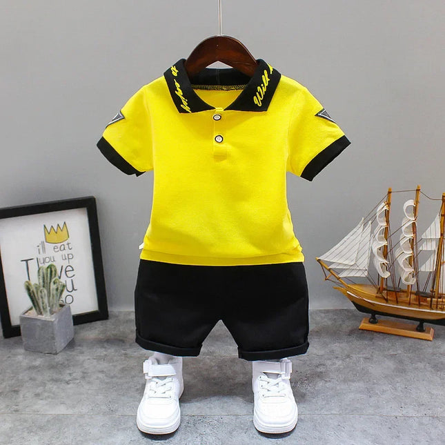Bebê menino conjuntos de roupas de verão moda coreana turn-down colarinho camisetas topos e shorts duas peças roupas infantis crianças agasalhos