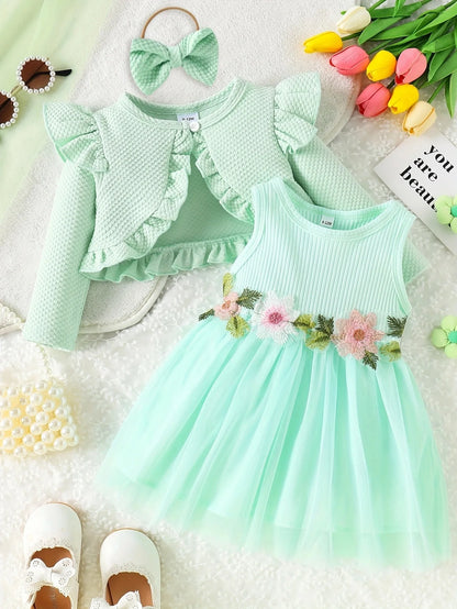 Verão da menina do bebê Cintura Flor Regata, Vestido de malha, Casaco Mesma Cor, Mesma Cor, Acessórios para Cabelo, Doce Conjunto