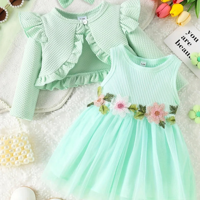 Verão da menina do bebê Cintura Flor Regata, Vestido de malha, Casaco Mesma Cor, Mesma Cor, Acessórios para Cabelo, Doce Conjunto