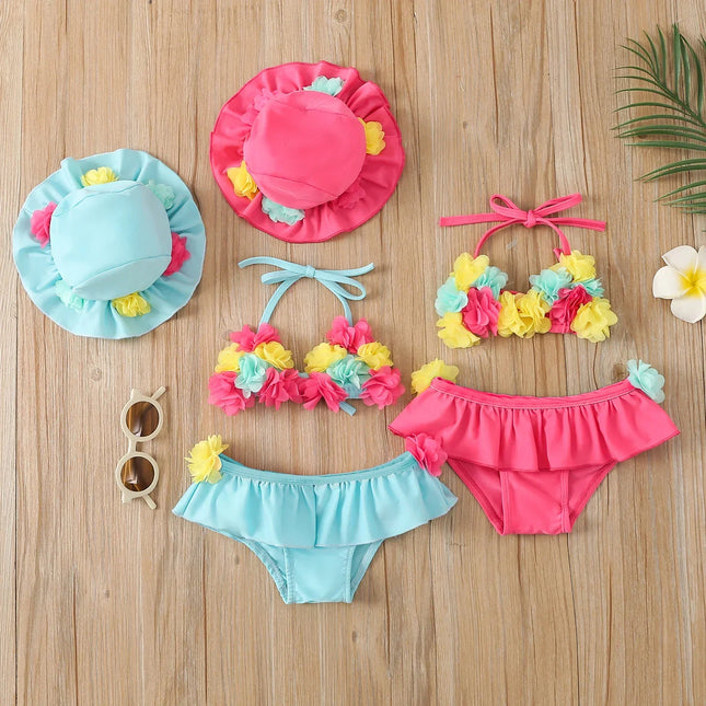 Maiô de 3 partes para a menina, projeto da flor, halter pescoço top + plissado shorts + swim caps, roupas de praia, verão