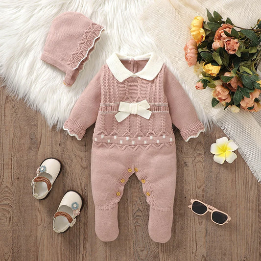 Bebê recém-nascido macacão chapéu define malha infantil menino macacão manga longa bonito arco roupas da criança 2pc macacão 0-9m playsuit outono quente