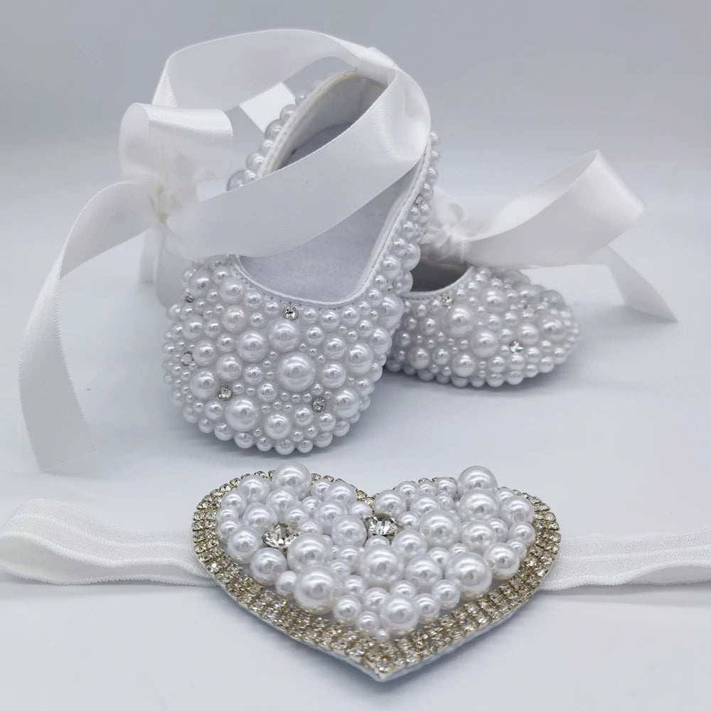 Dollbling Handmade Pérolas Brancas Berço Sapatos, Bling Rhinestone, Roupa de batismo, Wedding Sparkle, Organza, Batismo, 0-3m