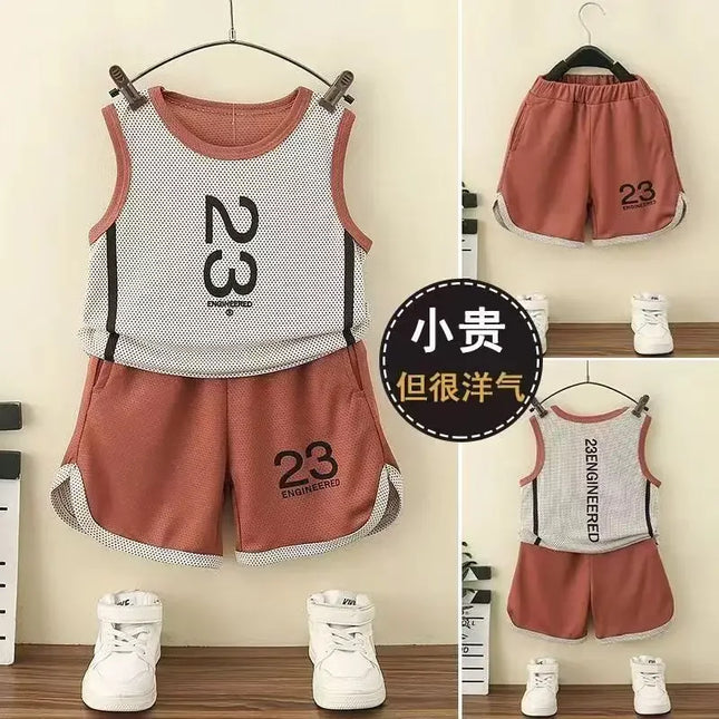 Conjunto esportivo de duas peças para meninos, roupa de secagem rápida de bebê regata elegante, framboesa e bonito infantil, roupas de verão, 2023, novo