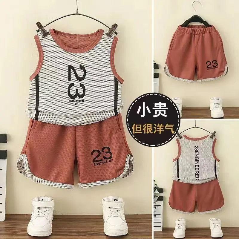 Conjunto esportivo de duas peças para meninos, roupa de secagem rápida de bebê regata elegante, framboesa e bonito infantil, roupas de verão, 2023, novo