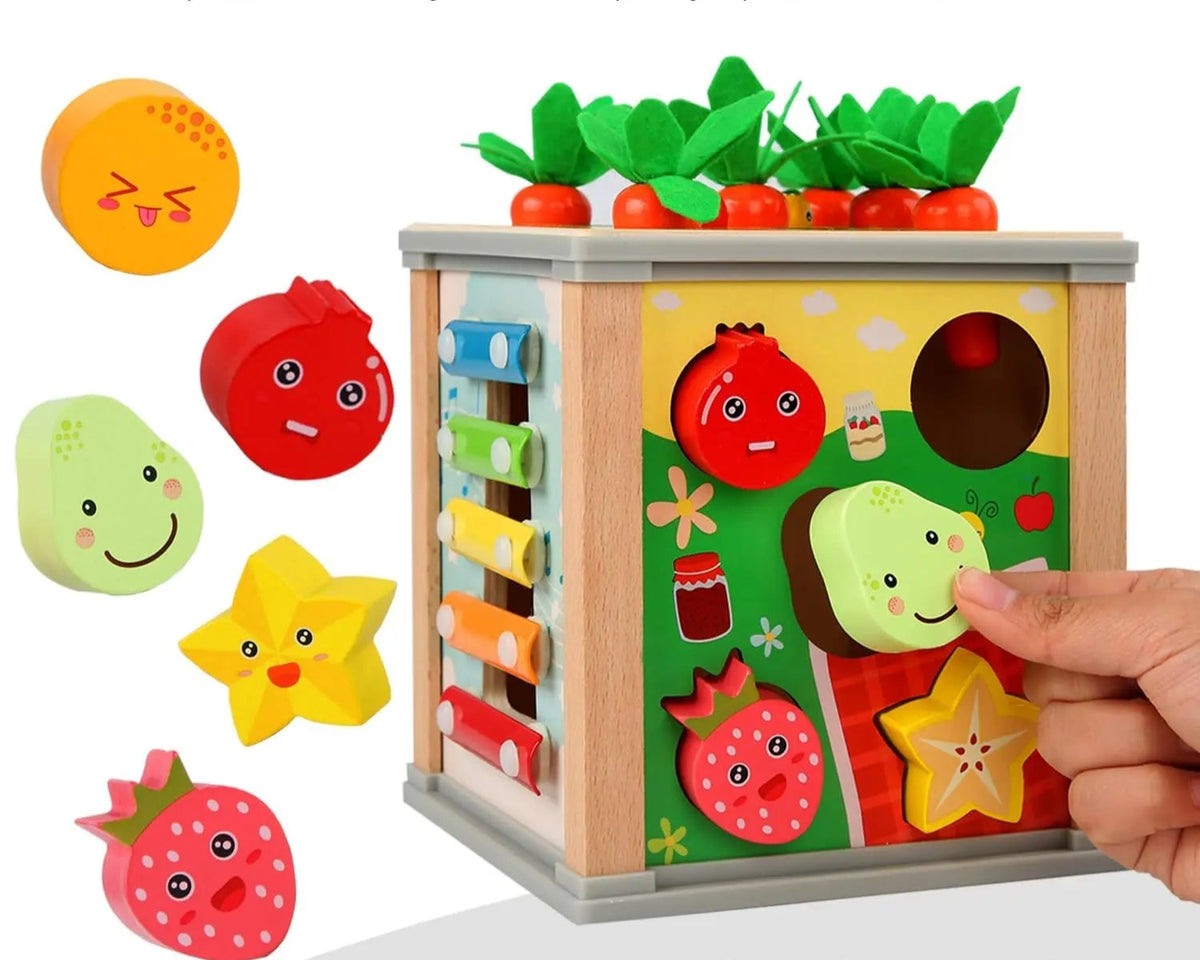 6in1 Madeira Atividade Cube Montessori Brinquedos para 12M Bebê Cenouras Colheita Game & Bead Maze Preschool Aprendizagem Educação Shape Sorter