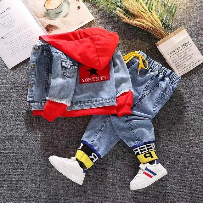 Conjunto jeans de duas peças para meninos, jeans bonito, jaqueta versão coreana, moda, primavera e outono, novo, 2024