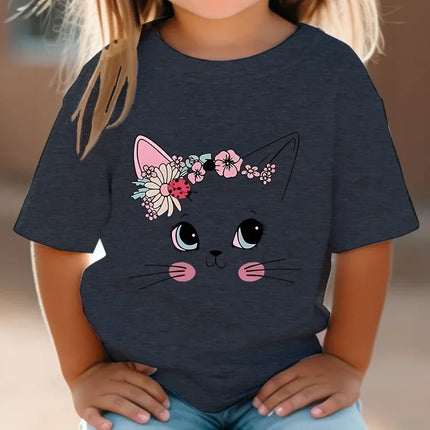 T-shirt de manga curta para meninas, flor, gato, floral, gatinho, branco, manga curta, selvagem, bonito, animal, desenhos animados, verão