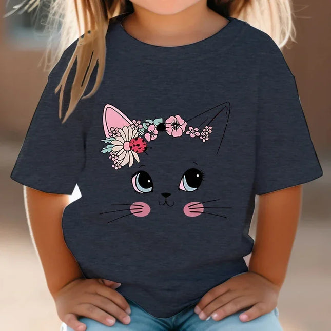 T-shirt de manga curta para meninas, flor, gato, floral, gatinho, branco, manga curta, selvagem, bonito, animal, desenhos animados, verão