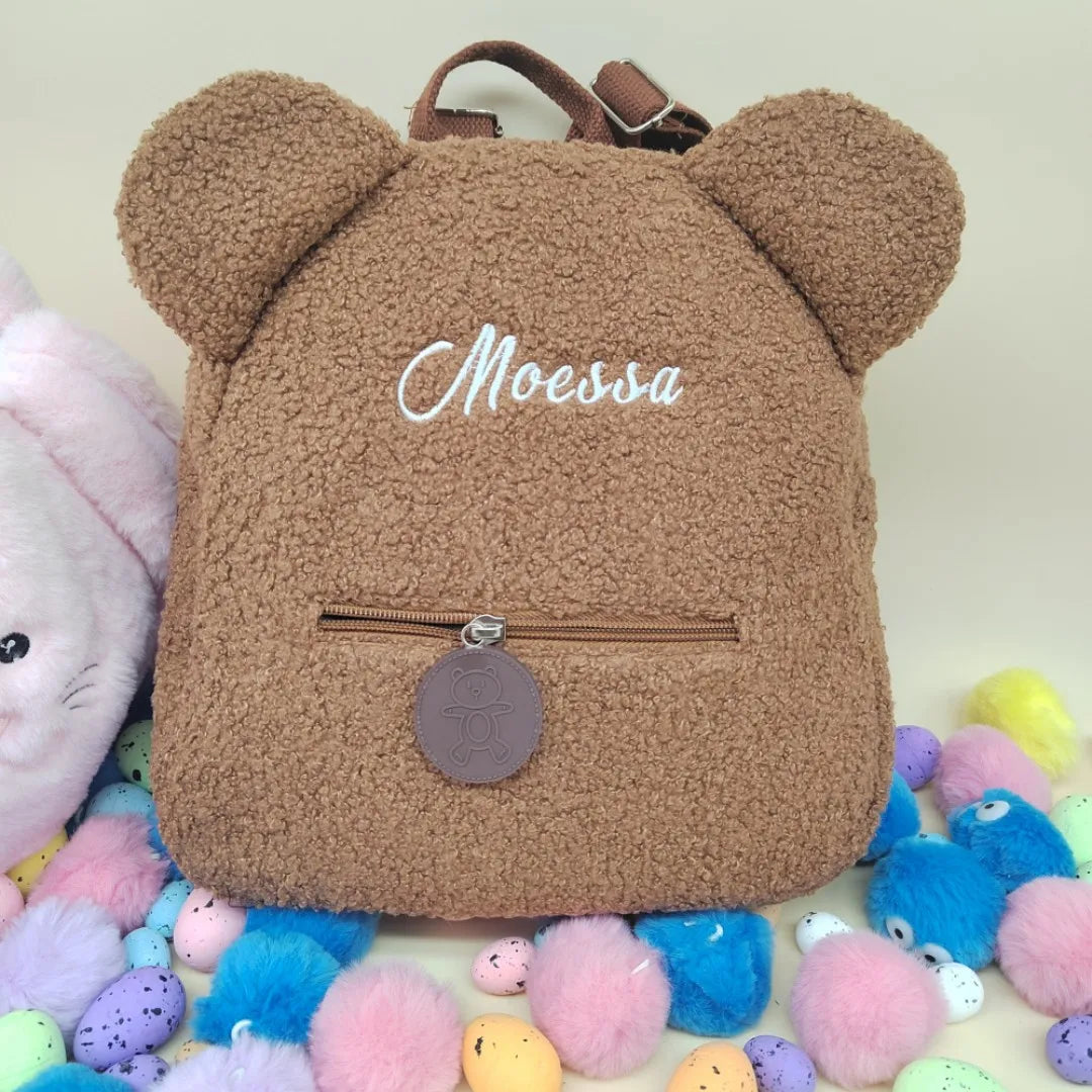 Urso bonito padrão mochila de pelúcia para mulheres e meninas, personalizado pequeno saco de ombro casual, nome personalizado, presente da criança