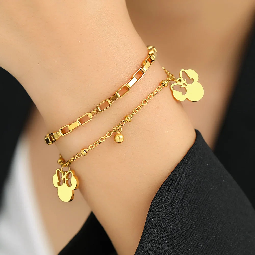 Disney-Mickey Mouse Head Charm Bracelets para Mulheres e Meninas, Acessórios de Mão, Joias, Desenhos Animados, Bonitos