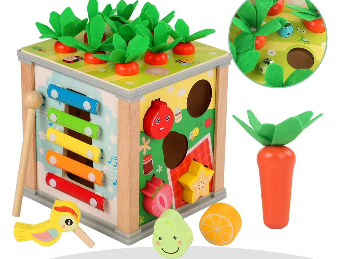 6in1 Madeira Atividade Cube Montessori Brinquedos para 12M Bebê Cenouras Colheita Game & Bead Maze Preschool Aprendizagem Educação Shape Sorter