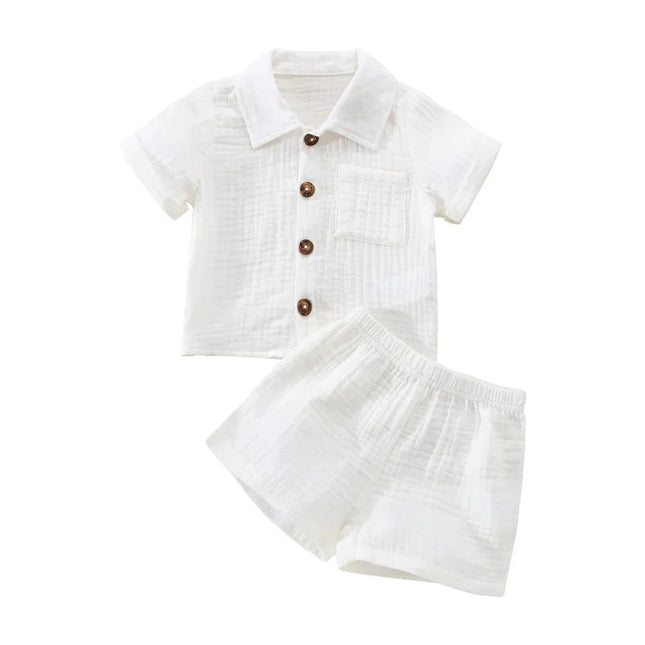 Roupas casuais de linho algodão para crianças, manga curta, botão de bolso, shorts e camisa de lapela, roupas de verão para meninos, 2 peças