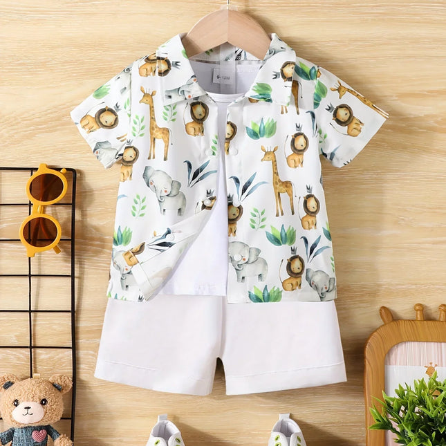 Baby Boy Casual Pequeno Animal Print Shorts de manga curta, Holiday Travel Shirt Set, confortável e respirável, verão, 2 pcs