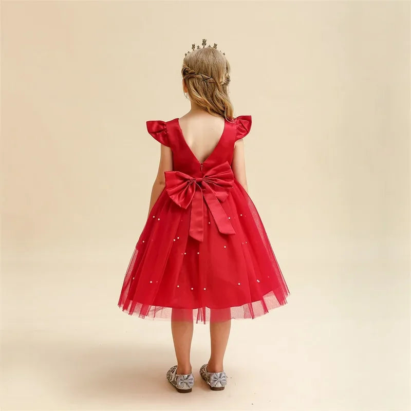 Criança Vermelha Natal Princesa Vestido, bonito Baby Girl 1 ° Aniversário Tutu Vestido, Recém-nascido Backless Bow Beading Xmas Traje