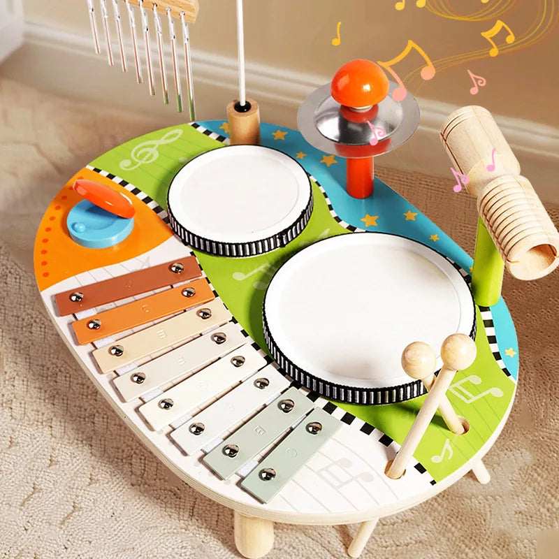 Xilofone de madeira para crianças, conjunto de tambor, sino de vento, instrumentos musicais sensoriais de percussão, brinquedos educativos montessori para crianças, presentes