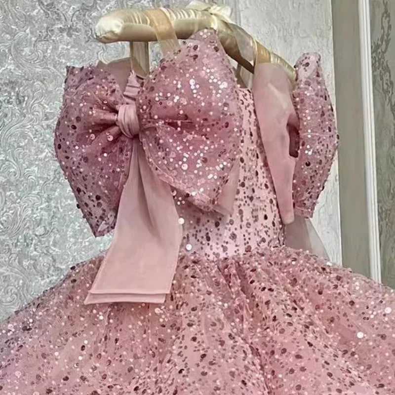 2024 crianças vestido de princesa ocasião formal roupas combinando trajes de um ano de idade do bebê meninas luxo arco lantejoulas roupa elegante