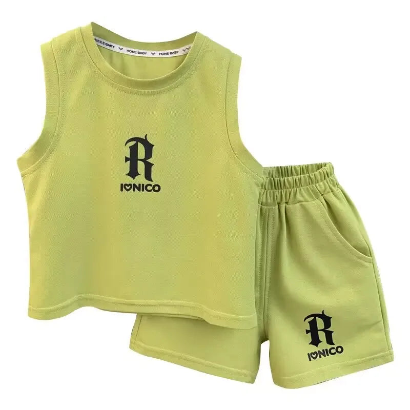 Conjunto de roupas de verão das crianças 2024 nova moda meninos e bebês sem mangas camiseta shorts 2 peças meninas conjunto esportivo casual