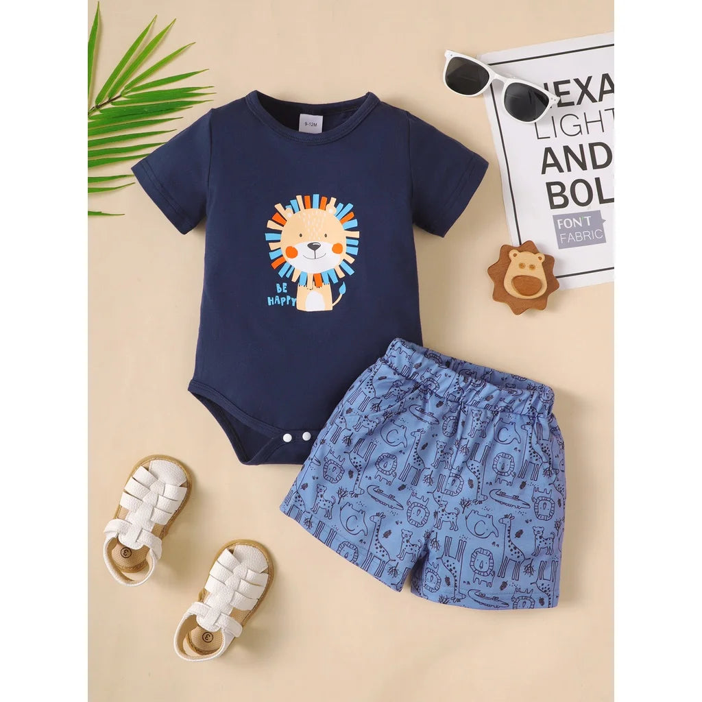 2cps verão bebê menino roupas conjunto dos desenhos animados leão manga curta bodysuit + shorts lazer casa roupas para infantil menino 3-18 meses