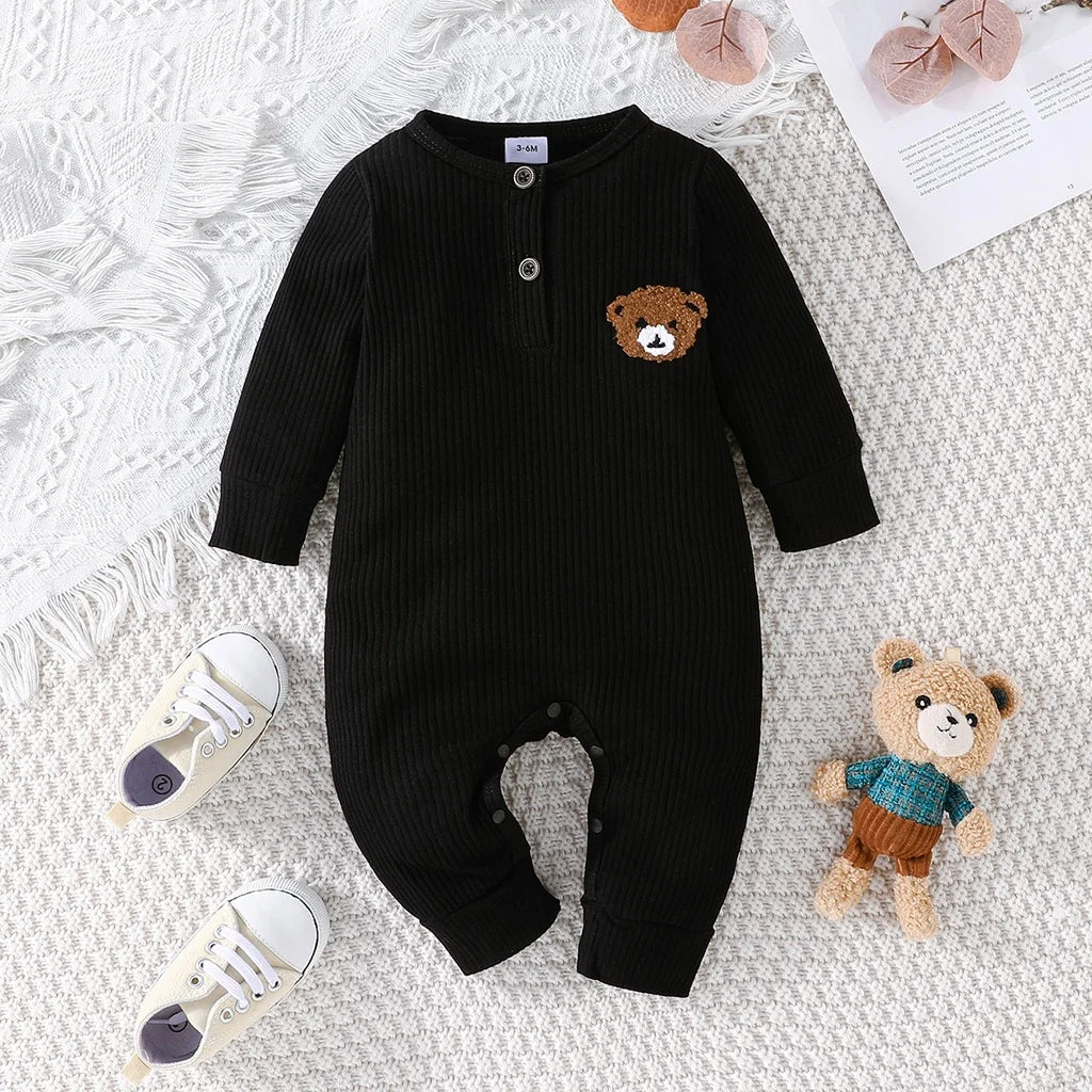 Urso dos desenhos animados Tiny Button Onesies para o bebê recém-nascido, macacão infantil de manga comprida, macacão infantil, 0 a 18 meses