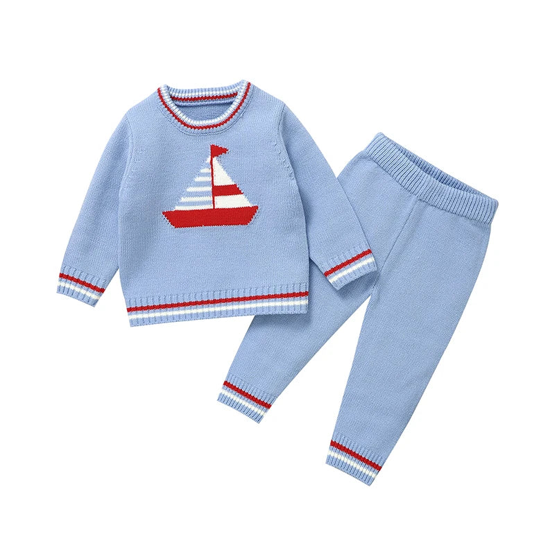 Outono conjuntos de roupas do bebê malha infantil meninas menino camisola + calças manga longa recém-nascido criança pollover bonito dos desenhos animados barco + calças 2pc