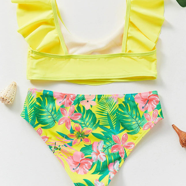 Maiô de duas peças, design floral, amarelo, babado, biquíni, para meninas