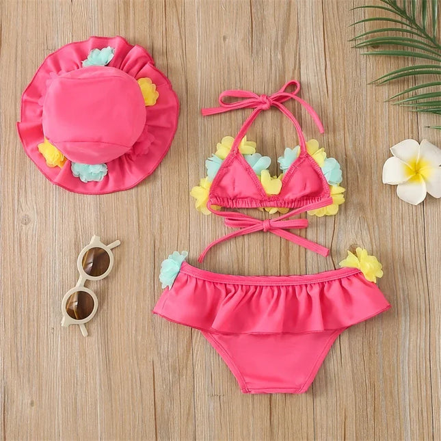 Maiô de 3 partes para a menina, projeto da flor, halter pescoço top + plissado shorts + swim caps, roupas de praia, verão