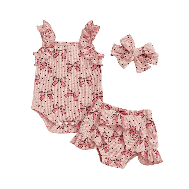 Macaquinho com Laço/Moranguinho + Shorts com Babado + Faixa 🍓