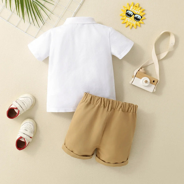 Camisa polo infantil de manga curta, camisa de algodão com shorts, roupa de verão para menino, botão de pescoço, 2 peças