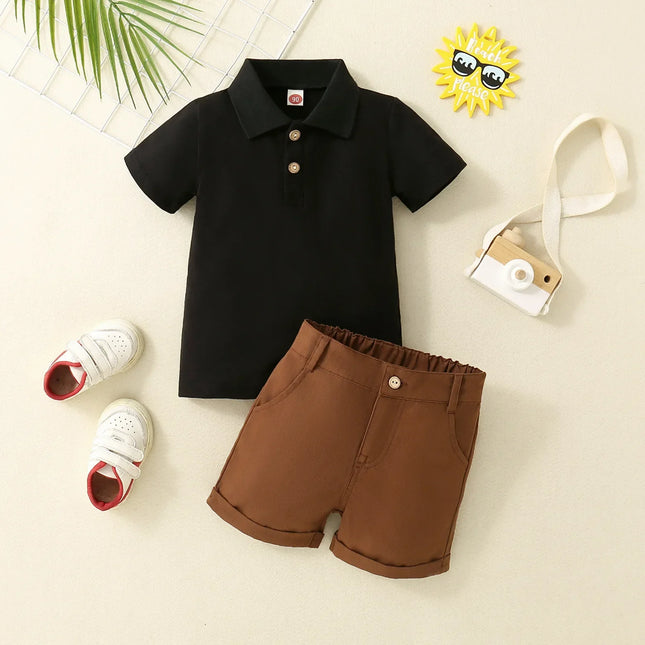 Camisa polo infantil de manga curta, camisa de algodão com shorts, roupa de verão para menino, botão de pescoço, 2 peças